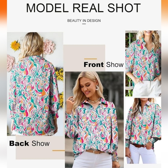 Women's Aqua/Pink Modern Abstract Paisley Print Loose Blouse w/Long Sleeves-XXL - Picture 5 of 9